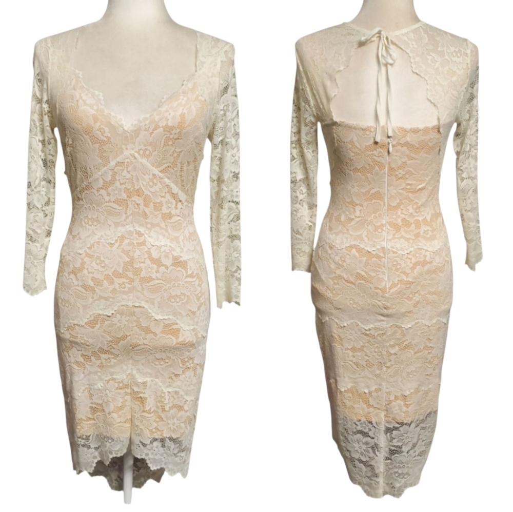 Bebe Beige 3/4 Sleeve Lace Panel Dress Size Small